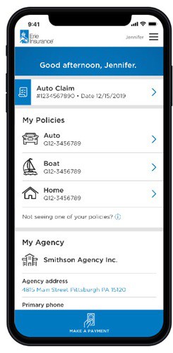 phone screen showing the erie insurance mobile app